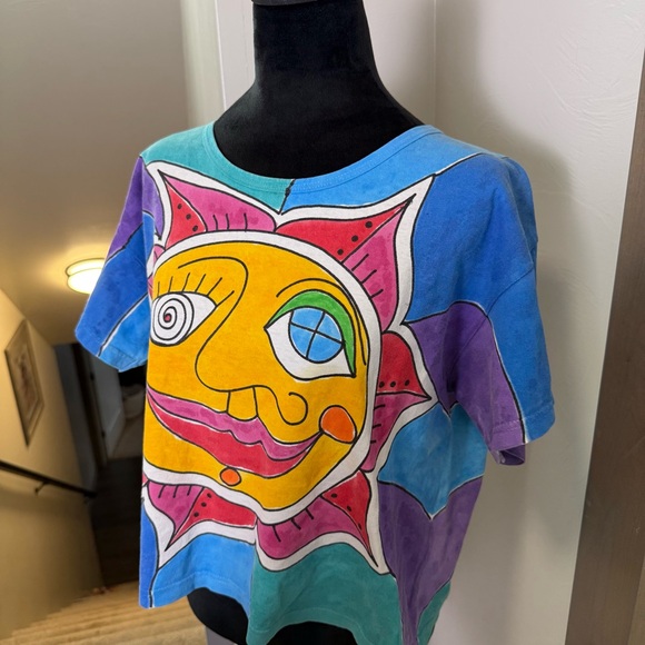 Vintage Allover Print Sun Hand Painted Cotton Shirt Hippie Festival 90s Colorful - Picture 4 of 6